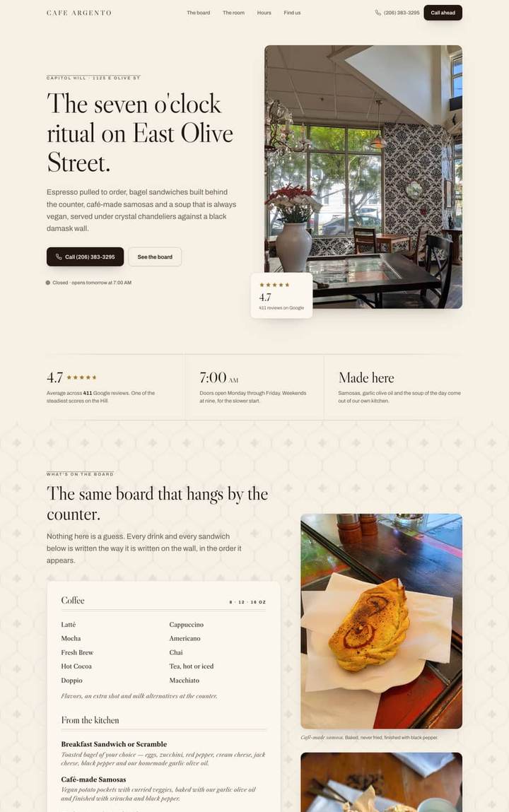 Website built for Cafe Argento