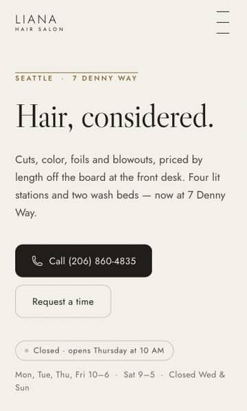 The same kind of site on a phone, built for Liana Hair Salon on Denny Way